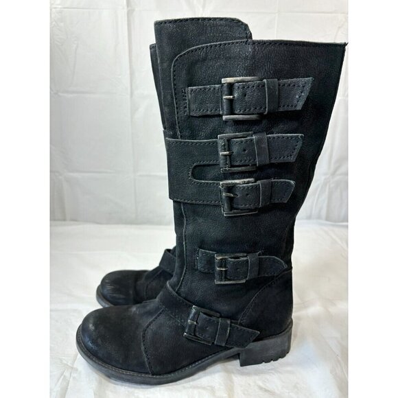 MIA Aleshia Tall Black Suede Knee High Boot w Buckles Zip biker Size 8.5 - Picture 5 of 14